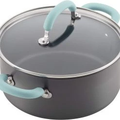 Rachael Ray Create Delicious Hard Anodized Nonstick Cookware Pots And Pans Set, 11 Piece, Gray With Light Blue Handles