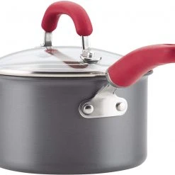 Rachael Ray Create Delicious Hard Anodized Nonstick Cookware Pots And Pans Set, 11 Piece, Gray With Red Handles