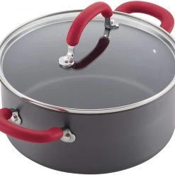 Rachael Ray Create Delicious Hard Anodized Nonstick Cookware Pots And Pans Set, 11 Piece, Gray With Red Handles