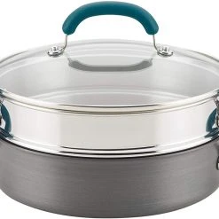 Rachael Ray Create Delicious Nonstick Multi-Pot/Steamer Set, 3 Piece, Gray With Teal Handles