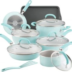 Rachael Ray Create Delicious Nonstick Cookware Pots And Pans Set, 13 Piece, Light Blue Shimmer