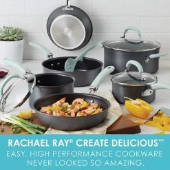 Rachael Ray Create Delicious Hard Anodized Nonstick Cookware Pots And Pans Set, 11 Piece, Gray With Light Blue Handles