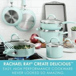 Rachael Ray Create Delicious Nonstick Cookware Pots And Pans Set, 13 Piece, Light Blue Shimmer