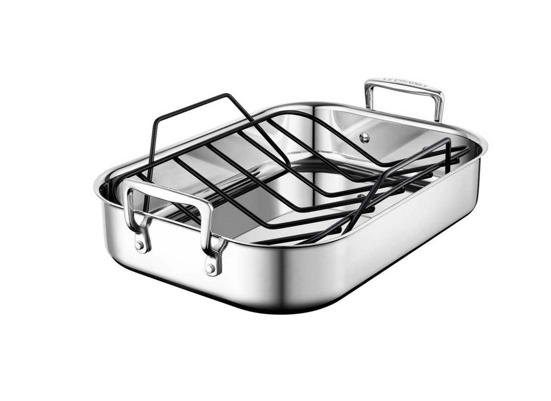 Le Creuset Bakeware Le Creuset Small Stainless Steel Roasting Pan W/Nonstick Rack 1 Le Creuset Bakeware Le Creuset Small Stainless Steel Roasting Pan W/Nonstick Rack